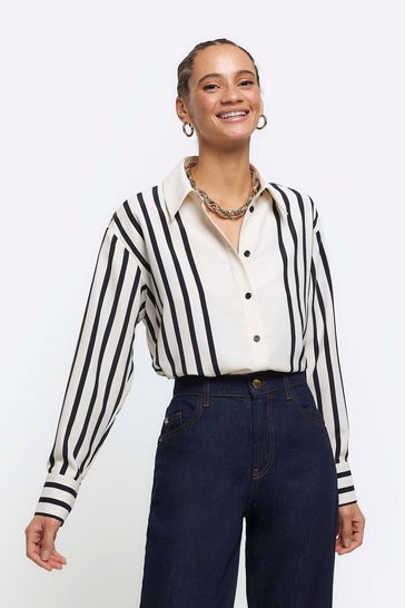River Island Cream Mono Stripe Oversized Fit Shirt