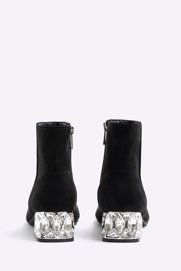 River Island Black Suedette Diamante Heel Ankle Boots