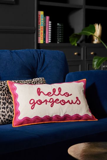 Fuchsia Pink Hello Gorgeous Embroidered Cushion