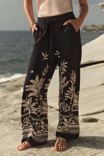Love & Roses Black Printed Belted Wide Leg Trousers