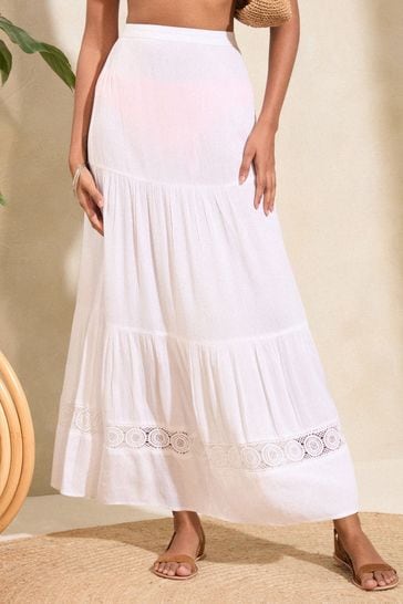 Love & Roses White Tiered Embroidered Maxi Skirt