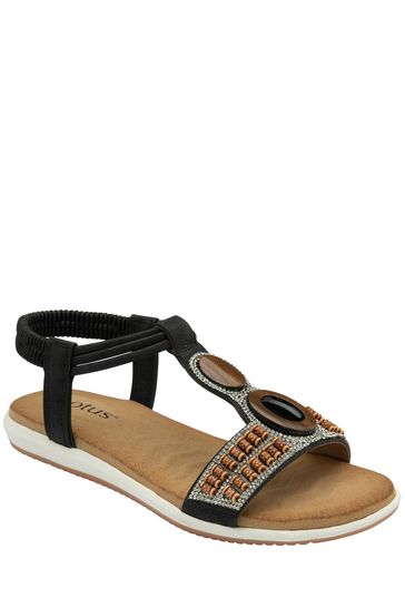 Lotus Black Casual Low Wedge Sandals