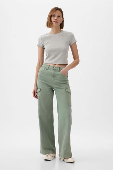 Buy Gap Green High Waisted Stride Cargo Wide Leg Ankle Jeans from