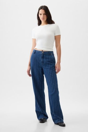 Gap Blue Indigo 90s Loose Mid Rise Pinstripe Carpenter Jeans