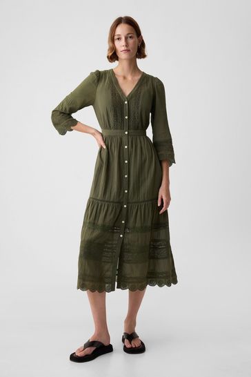 Gap Green Crinkle Cotton Lace 3/4 Sleeve Midi Dress