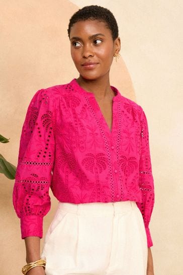 Love & Roses Pink Broderie V Neck Button Through Blouse