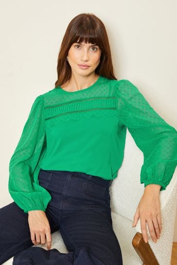 Love & Roses Bright Green Long Sleeve Dobby Mix Jersey Blouse