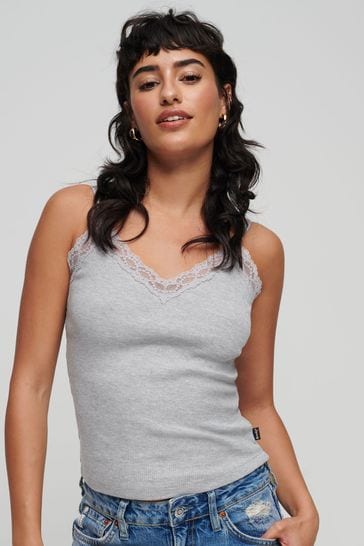 Superdry Grey Organic Cotton Vintage Rib Lace Trim Cami Top