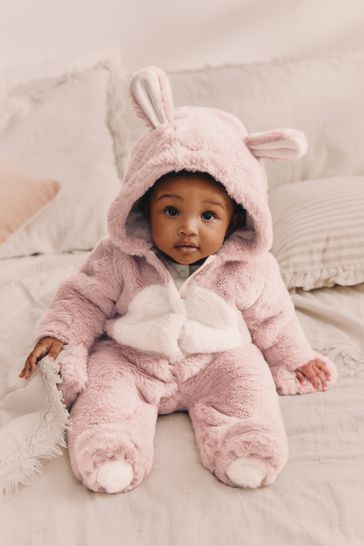 Pink Baby Faux Fur Cosy Hooded Pramsuit All In One 0mths 2yrs