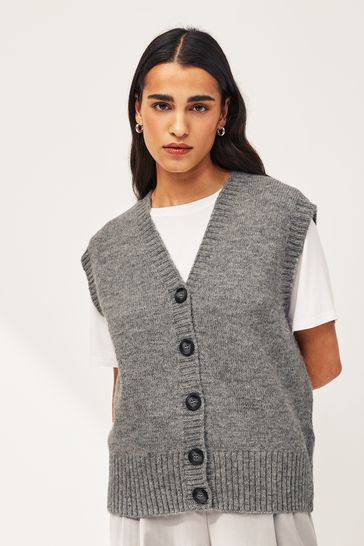 Grey Button Front Knitted Tank Top