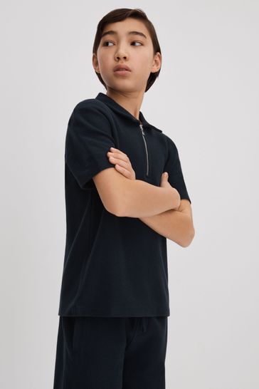 Reiss Navy Felix Junior Textured Cotton Half-Zip Polo Shirt
