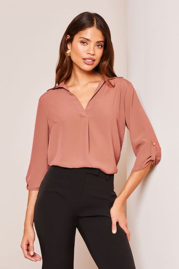 Lipsy Pink V Neck 3/4 Sleeve Collared Blouse