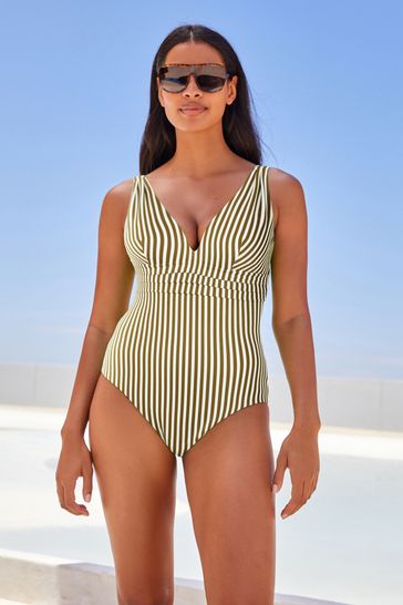 Khaki Green/Ecru Stripe Print Plunge Tummy Shaping Control Swimsuit