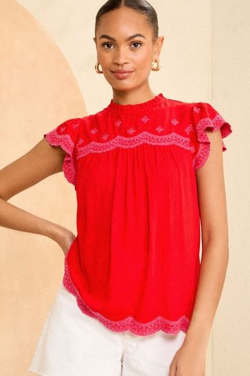 Love & Roses Red and Pink Embroidery Flutter Sleeve Shell Top
