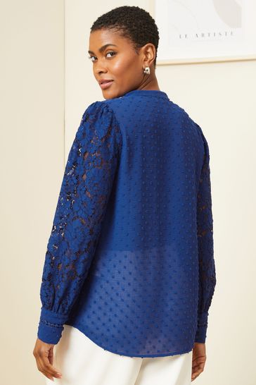 Buy Love Roses Cobalt Blue Lace Long Sleeve Button Front V Neck Blouse from Next Slovenia