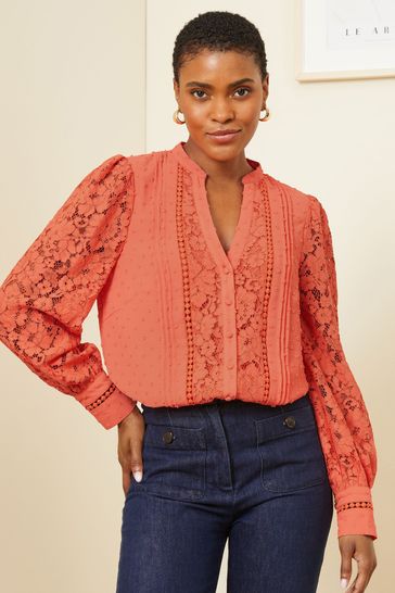 Love & Roses Coral Orange Lace Long Sleeve Button Front V Neck Blouse