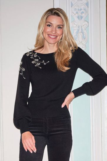 Pure Collection Black Wool Cashmere Pearl And Gem Sweater