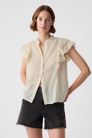 Gap Beige Crinkle Cotton Flutter Sleeve Shirt