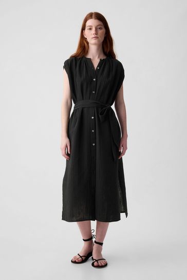 Gap Black Crinkle Cotton Belted Midi Shirt Dress