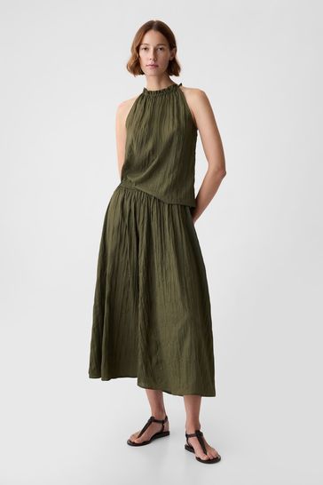 Gap Green Crinkle Pull On Midi Skirt