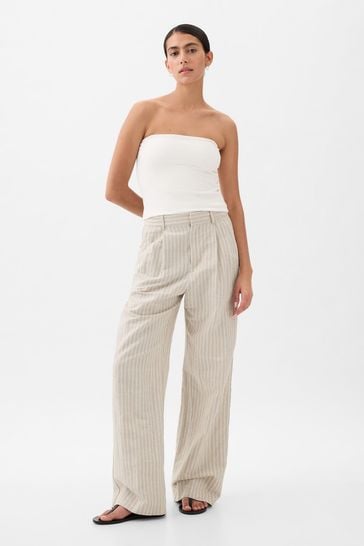 Gap Beige & White Stripe High Waisted Linen Cotton Blend Trousers