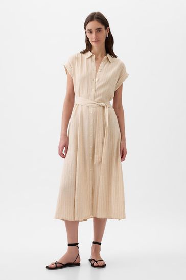 Gap Beige Linen-Blend Tie Waist Midi Shirt Dress