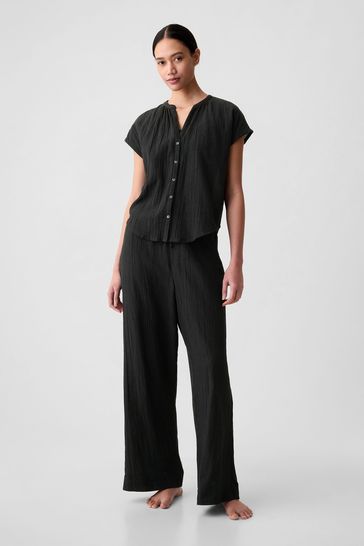 Gap Black Crinkle Cotton Short Sleeve Pyjama Top