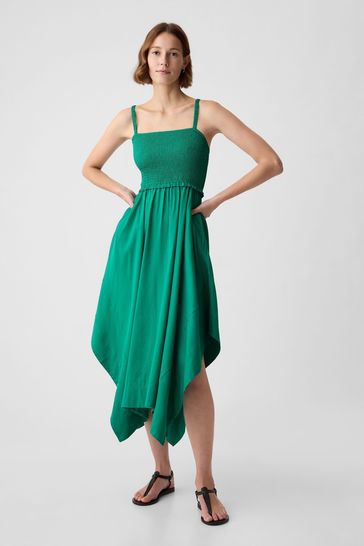 Gap Simply Green Smocked Handkerchief Hem Midi Dress