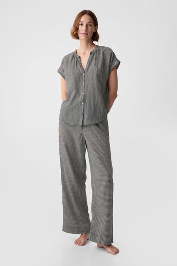 Gap Black/White Crinkle Cotton Short Sleeve Pyjama Top