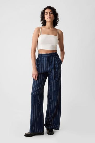 Gap Navy Pinstripe High Waisted Linen Cotton Trousers