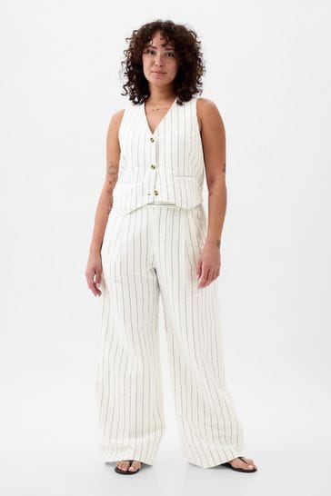 Gap White & Navy Stripe High Waisted Linen Cotton Trousers