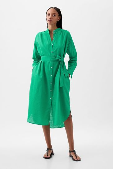 Gap Green Linen Blend Long Sleeve Shirt Dress