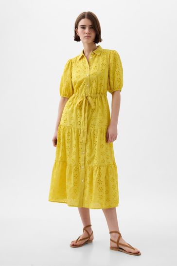 Gap Yellow Eyelet Tie Waist Tiered Midi Dress