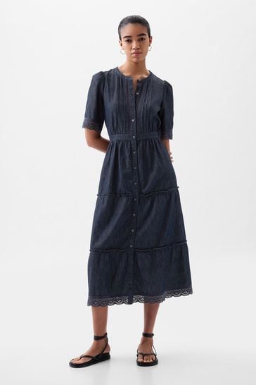 Gap Blue Lace Denim Buttoned Midi Dress