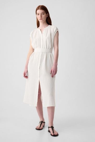 Gap White Crinkle Cotton Belted Midi Shirt Dress