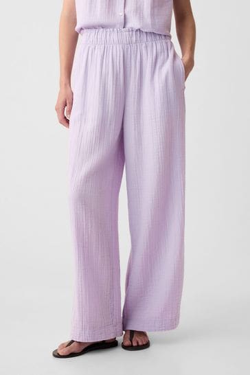 Gap Purple Crinkle Cotton Wide Leg Pull On Trouser