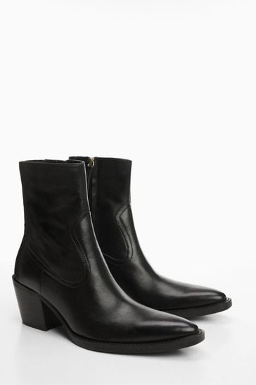 Buy Mango Leather Pointed Ankle Black Boots from the Laura Ashley