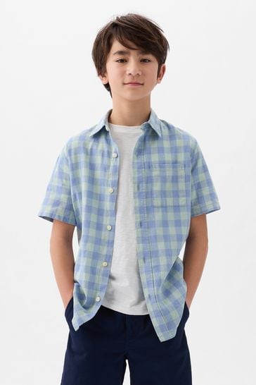 Camisa azul de manga corta de algodón de lino de Gap (4-13 años)