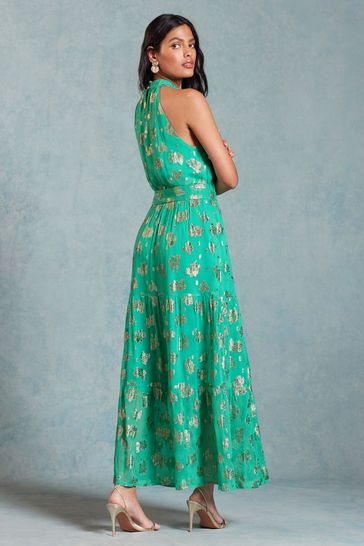 Love Roses Halterneck Belted Ruffle Maxi Dress