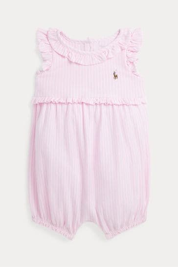 Polo Ralph Lauren Baby Pink Striped Knit Oxford Romper