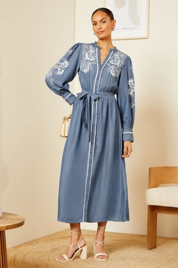 Love & Roses Blue Petite Embroidered TENCEL™ Belted Midi Shirt Dress