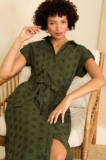 Love Roses Khaki Green Roll Sleeve Belted Shirt Dress