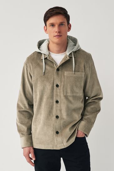 Grey Cord Single Pocket Shacket with Hood