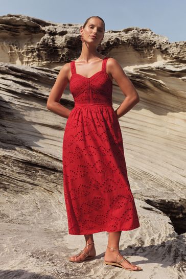 Love & Roses Red Cami Corset Lace Trim Cotton Midi Dress