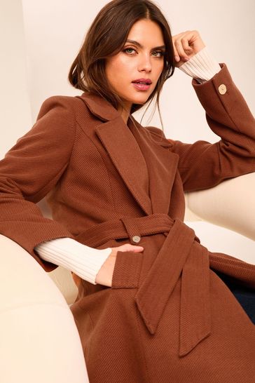 Buy Lipsy Rust Red Double Breasted Long Line Belted Coat from Next Bahrain