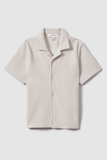 Reiss Silver Gerrard Textured Cotton Cuban Collar Shirt