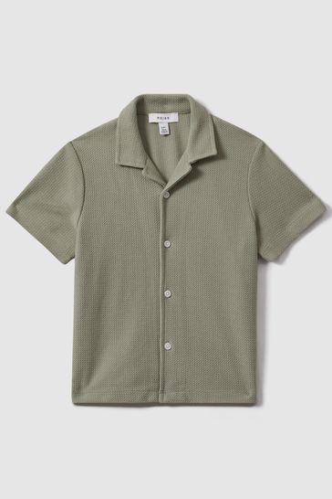 Reiss Pistachio Gerrard Teen Textured Cotton Cuban Collar Shirt