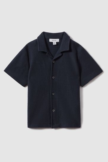 Reiss Navy Gerrard Teen Textured Cotton Cuban Collar Shirt