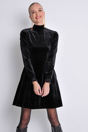 Burgs Womens Georgia Velvet Roll Neck A-Line Black Tunic Dress