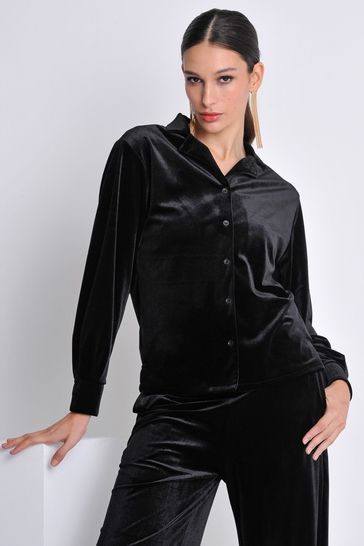 Burgs Womens Velvet Oversized Printed Black Shirt